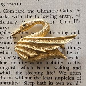 Vintage Signed DFA Swan Brooch, Gold Tone, Rhinestone